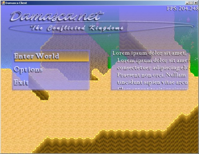 A screenshot of the Damasca main menu (in progress)